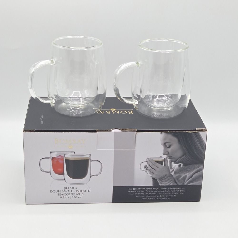 Bombay Double Wall Glass Coffee Mug 8.5oz Set Of 2 Insulated Clear Tea Cups